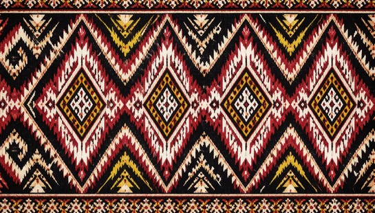 A close-up of a woven textile with a symmetrical pattern of red, white, and yellow diamonds and zigzags on a black background, framed by decorative borders.